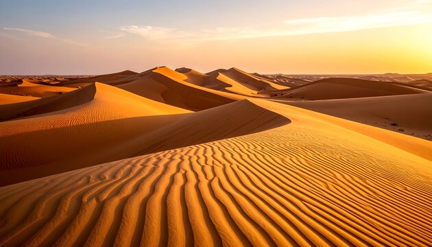 Sand Dunes Landscape at Sunset with Golden Light and Desert Horizon