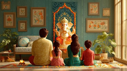 Happy Indian family celebrating Diwali festival with traditional oil lamps and sweets, parents and children in ethnic clothing enjoying festive moments together on decorated floor with diyas

