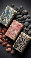 Three artisan soaps, each with a unique embossed design, rest atop a dark gray surface, surrounded by small stones and seashells.  The soaps feature intricate patterns in shades of teal, pink.