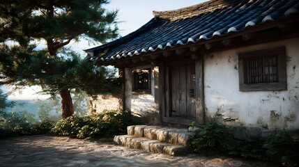 Traditional Korean Hanok house with a distinctive tiled roof weathered wooden door and stone steps surrounded by lush green foliage under natural
