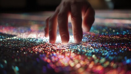 Hand touching a colorful interactive surface