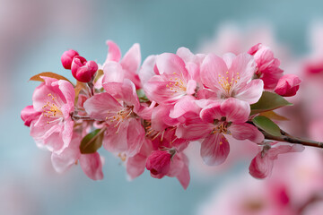 Obraz premium A close-up view of delicate pink flowers blooming on a branch, showcasing nature's beauty and floral elegance