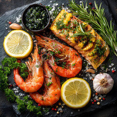 Baked salmon and grilled shrimp with lemon and herbs on a dark slate platter.