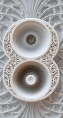 Ornate, symmetrical design of two concentric circles, detailed with carved, light beige, repeating patterns.  The circles are set against a background of similar, lighter beige and gray, intricate.