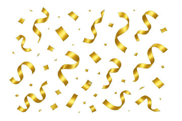 Golden confetti cascading, ribbons floating, creating celebratory mood against transparent background, perfect for festive events and party graphics