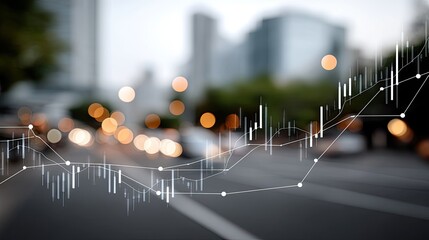 Graphs illustrating financial trends overlay a busy urban road as evening approaches, highlighting economic movement and vitality