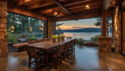 Obraz premium Lakeside dining room with expansive views
