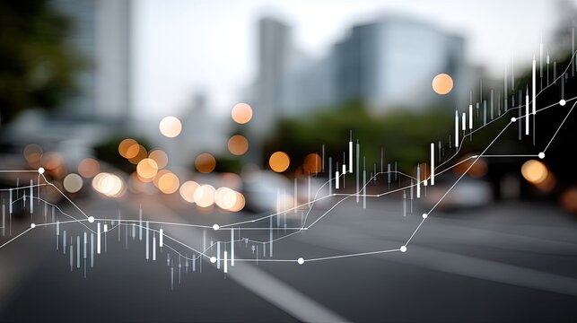 Graphs illustrating financial trends overlay a busy urban road as evening approaches, highlighting economic movement and vitality