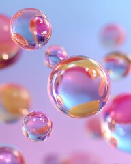Floating Bubbles: Translucent orbs shimmer with iridescence, each a miniature sphere of refraction and color, reflecting light and casting delicate shadows in an abstract composition.