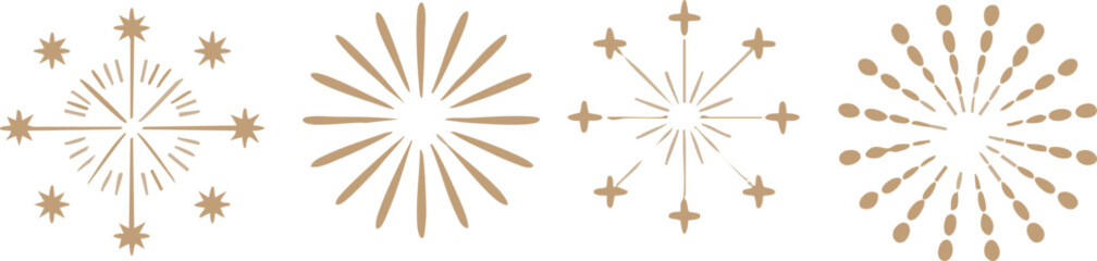 Festive golden starbursts and sunbursts create a celebratory and elegant design.