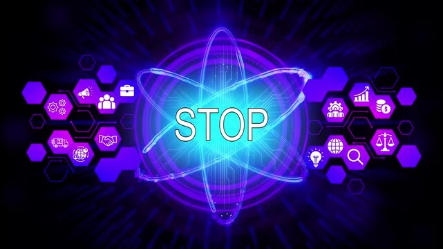 Stop Sign Atom Concept Business Technology Innovation Digital Transformation Futuristic Abstract Background with Icons and Glowing Lines