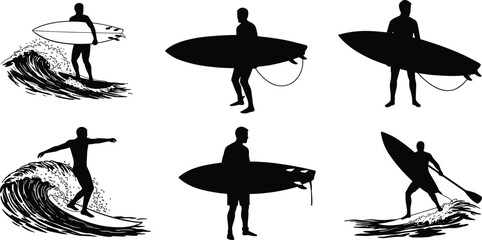 Black silhouette illustration of surfers riding waves with surfboards, ocean sport vector design, beach surfing clipart, water sports adventure and summer surf artwork set