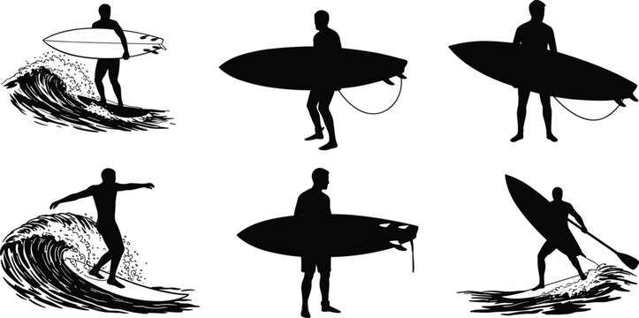 Black silhouette illustration of surfers riding waves with surfboards, ocean sport vector design, beach surfing clipart, water sports adventure and summer surf artwork set