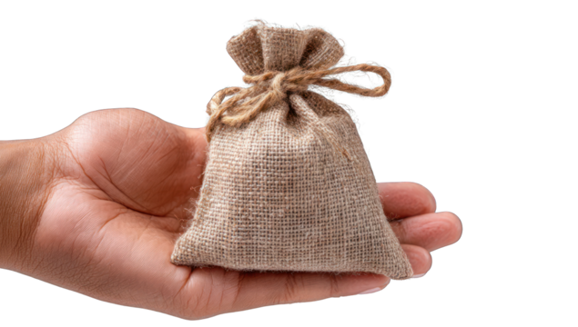 Small burlap sack held in a hand