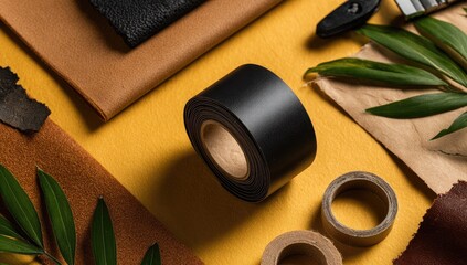 Flat lay of craft supplies.  Black leather tape, brown leather swatches, craft paper, and leaves on a mustard-yellow surface