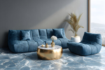 Blue modular sofa and armchair set in a modern living room