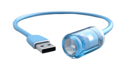 Light blue USB cable with translucent cylindrical connector