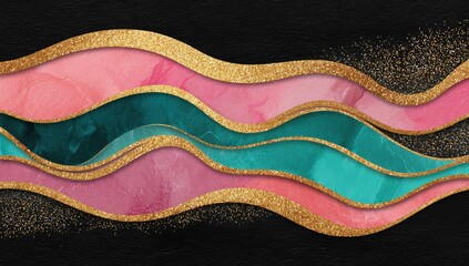 Abstract wavy layers of blush pink and teal, outlined in gold glitter, on a black background