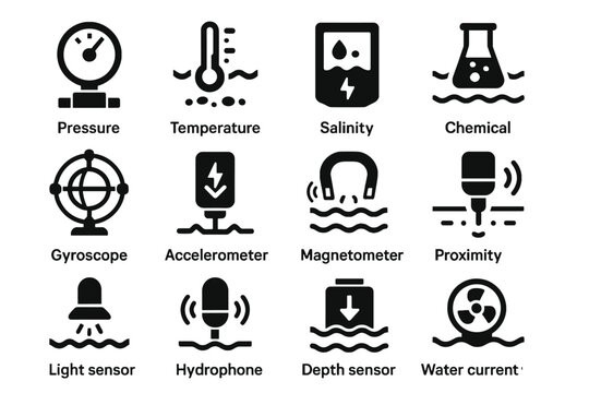 Vector underwater icon icons chemical current gauge sensor hydrophone water gyroscope detector