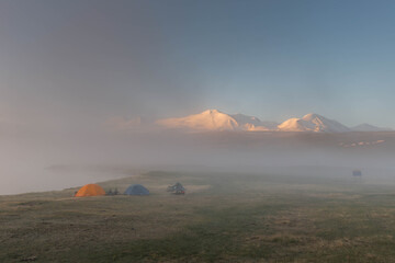 Altai, Lake Gusinoe. Ukok Plateau. Sunrise. Campground.