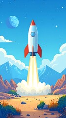 Fototapeta premium A vibrant rocket blasts off into a clear blue sky, propelled by a brilliant plume of light, above a desert landscape.