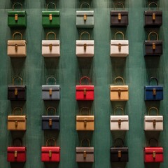 Small, structured handbags in various colors, displayed in a grid pattern against a teal backdrop