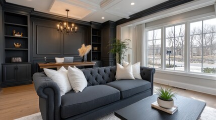 A stylish work space features a sleek desk, bookshelves filled with resources, and serene decor that promotes focus and calmness