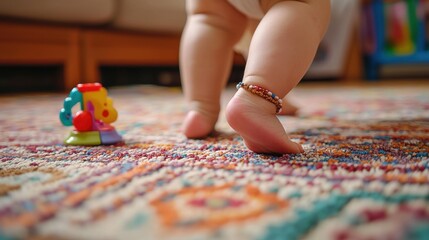 Obraz premium Toddler walking feet with rainbow beaded jewelry crossing textured geometric carpet