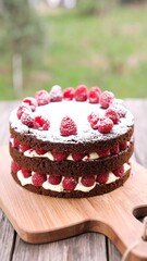 Layered chocolate cake with raspberries