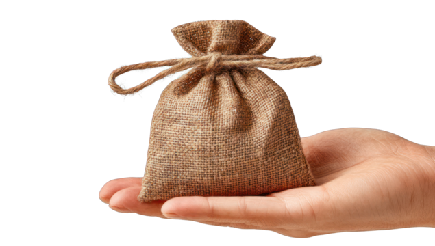 A small burlap sack held in a hand