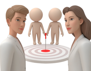 3D illustration of four interconnected figures with a target in the center, represent