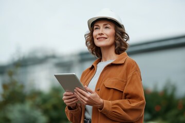 Female engineer using tablet on construction site — technology and expertise in architecture
