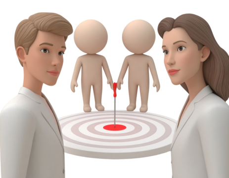 3D illustration of four interconnected figures with a target in the center, represent
