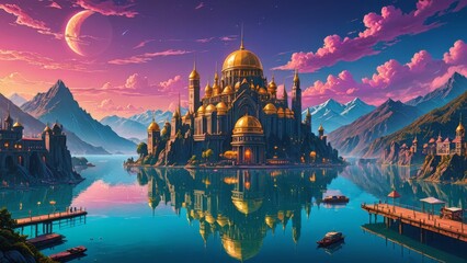 ciudad de fantasia con lago y monta&ntilde;a