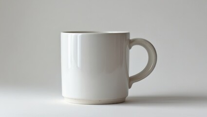 Fototapeta premium A simple, elegant white ceramic mug with a subtle, textured handle sits on a plain background.