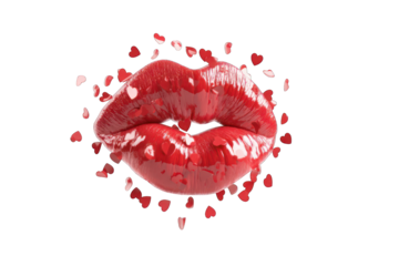 Close-up of glossy red lips surrounded by hearts