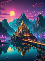 ciudad de fantasia con lago y monta&ntilde;a