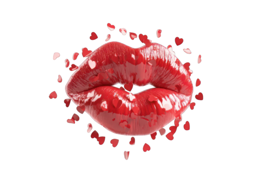 Close-up of glossy red lips surrounded by hearts