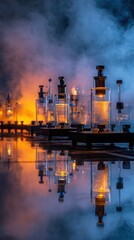 Obraz premium Dramatic Burning Chemistry Flasks with Glowing Light in Dark Laboratory