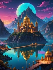 ciudad de fantasia con lago y monta&ntilde;a