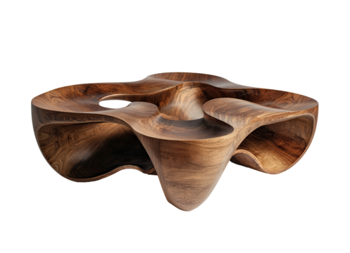 Abstract, organic coffee table carved from dark wood.  Intricate, flowing curves create a surreal, undulating form.  Smooth, polished surface