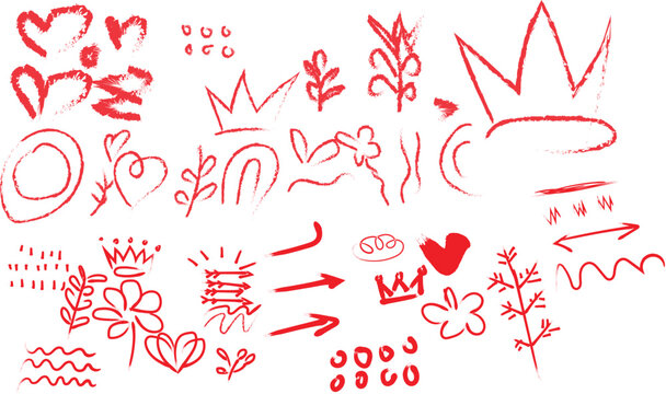 Whimsical hand-drawn red doodles of hearts, crowns, flowers, and arrows on a white background
