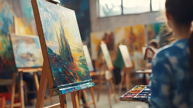 Students engage in an art class, painting on easels with vibrant palettes and brushes, showcasing their creativity and passion in ultra HD detail.