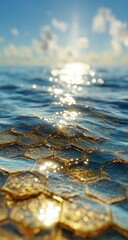 Sunlit, golden hexagonal tiles at the water's edge.  A vibrant, shallow view of the surface of the ocean,  with a brilliant sun reflecting off the water