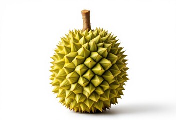 A vibrant, single durian fruit, displayed against a plain white background, showcases its distinctive spiky exterior.