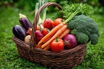 Fototapeta premium Bountiful harvest of fresh organic vegetables in a wicker basket.