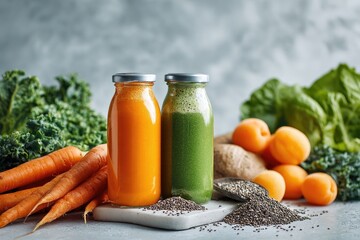 Two colorful juice bottles, surrounded by fresh produce.  Fresh, healthy, and vibrant.  Orange and green drinks in glass bottles.  