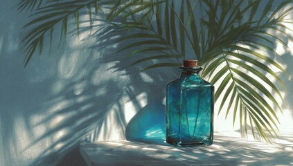 Teal glass bottle, sunlit shadows, tropical leaves