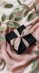 A black gift box with a blush ribbon sits on a bed of soft fabrics, accented with greenery