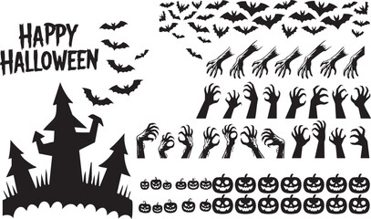 Spooky Halloween elements with haunted house, bats, zombie hands, and pumpkins